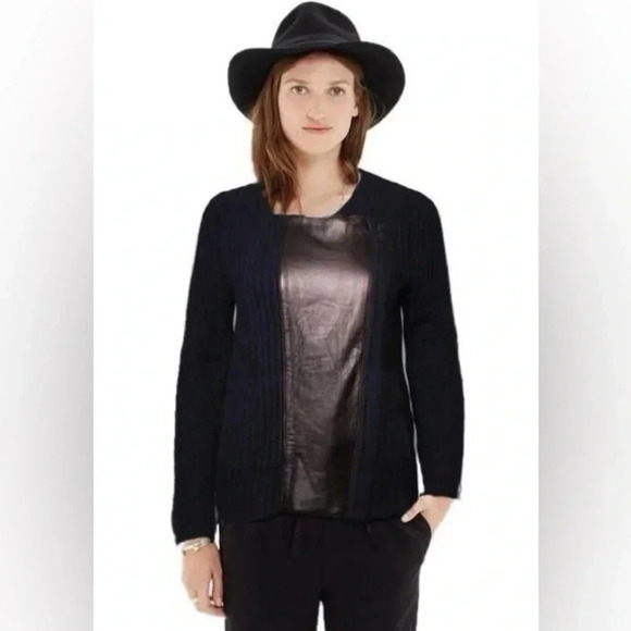 Madewell Dark Navy Ribbed Merino Wool Motorcycle Sweater Leather Trim Size XS - Picture 1 of 5